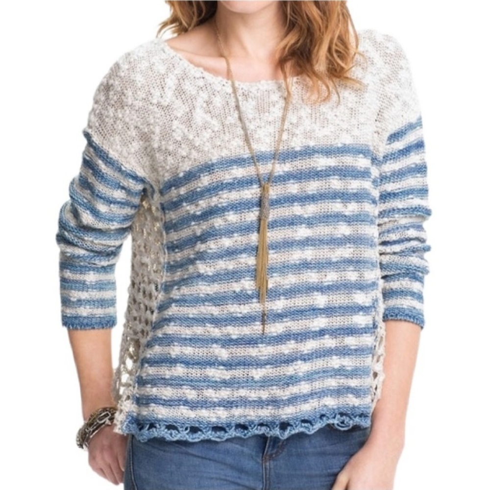 Free People French Creek Crochet Sweater Blue White Stripes Size Small